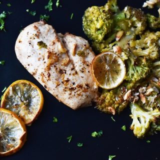How to Cook Instant Pot Chicken Overhead View of a Cooked Chicken Breast with Lemon Slices and Broccoli