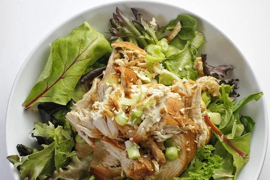 Instant Pot Whole30 Recipes with Chicken Overhead of a Bowl of Salad Topped with Chicken