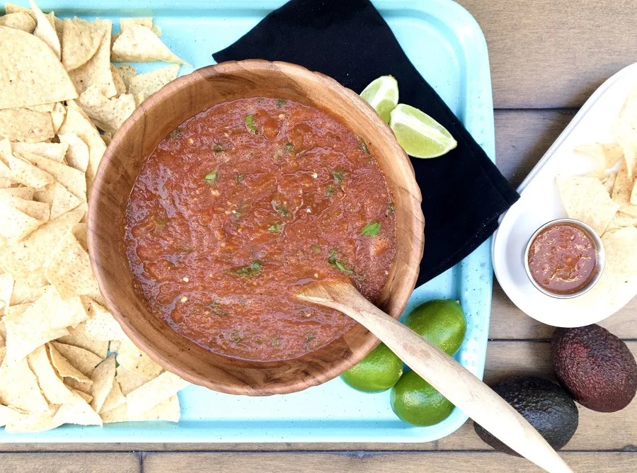 Crockpot Cinco de Mayo Party Food Ideas Overhead View of a Bowl of Salsa with Chips Next to it