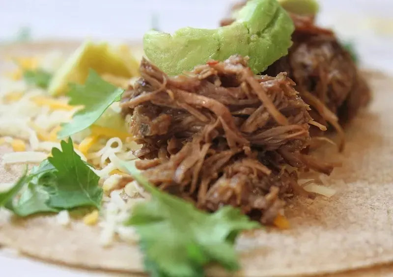 Crockpot Cinco de Mayo Party Food Ideas Close Up of Shredded Beef Tacos