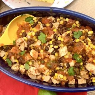 Crockpot Cinco de Mayo Party Food Ideas Overhead View of a Platter Filled with Salsa Chicken