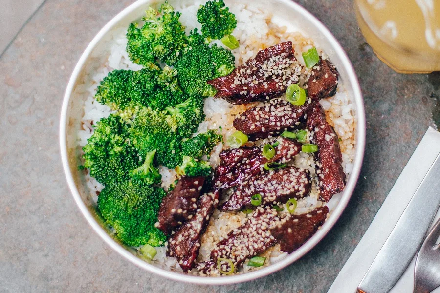 Instant Pot Dinner Recipes with Beef Overhead View of a Plate with Beef, Broccoli, and Rice