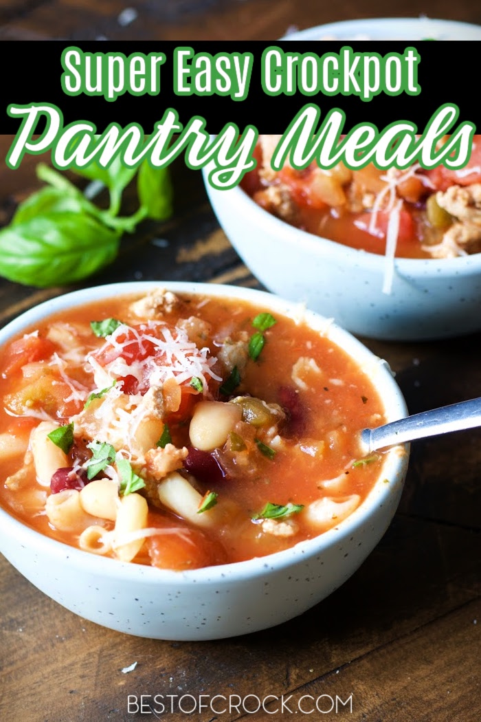 These family friendly crockpot pantry meals use ingredients you have in your kitchen already making them easy crockpot recipes everyone can enjoy. Slow Cooker Recipes | Crockpot Recipes for Two | Slow Cooker Dinner Recipes | Easy Dinner Recipes | Crockpot Lunch Recipes | Family Dinner Recipes | Quick Dinner Recipes | Kid-Friendly Pantry Meals | Pantry Meals for Emergencies #crockpot #slowcookerrecipes via @bestofcrock