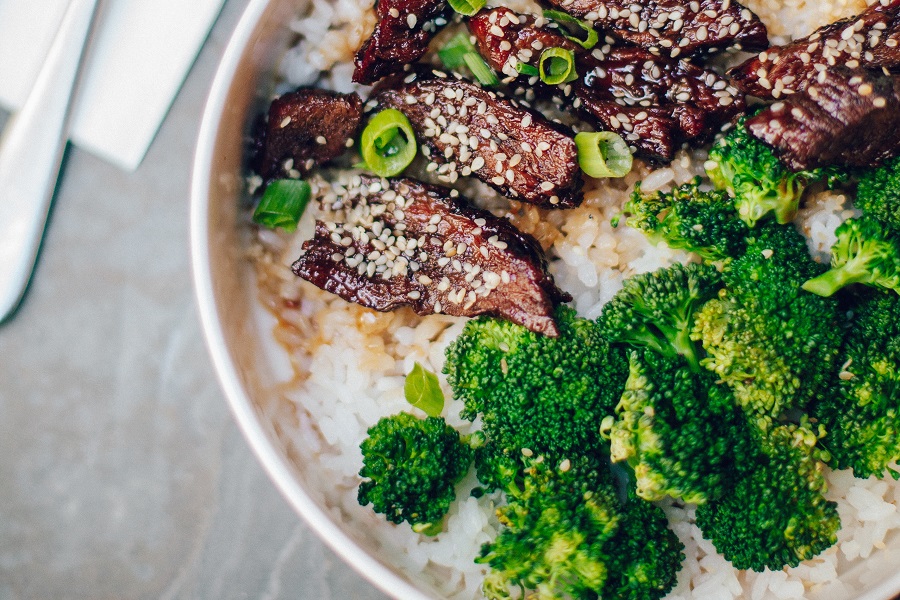 Healthy Instant Pot Recipes with Beef Overhead View of a Plate of Broccoli and Beef Over White Rice