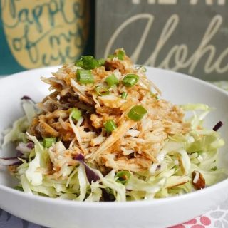 Slow Cooker Summer Recipes Close Up of a White Bowl Filled with Salad and Topped with Hawaiian Chicken