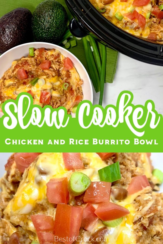 This easy crockpot chicken and rice burrito bowl recipe is a delicious dinner recipe that the entire family will enjoy. Crockpot Chicken Recipes | Crockpot Burritos | Slow Cooker Dinner Recipes | Delicious Dinner Recipes | Crockpot Meal Planning | Crockpot Recipes with Chicken | Slow Cooker Chicken Bowl | Burrito Bowls Slow Cooker | Chicken and Rice Crockpot | Slow Cooker Mexican Chicken #chicken #crockpotrecipes