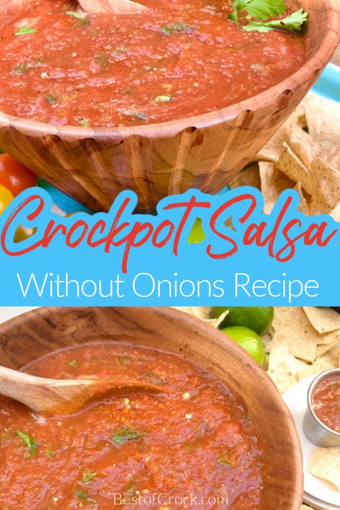 Using a crockpot salsa without onions recipe can provide you with amazing, flavorful homemade salsa without the fear of onions if you have a food allergy. Homemade Dip Recipe | Party Recipes | Homemade Salsa Recipe Without Onions | Fresh Salsa Recipe | Recipes for Onion Allergies | Party Planning | Party Food #salsa #recipe