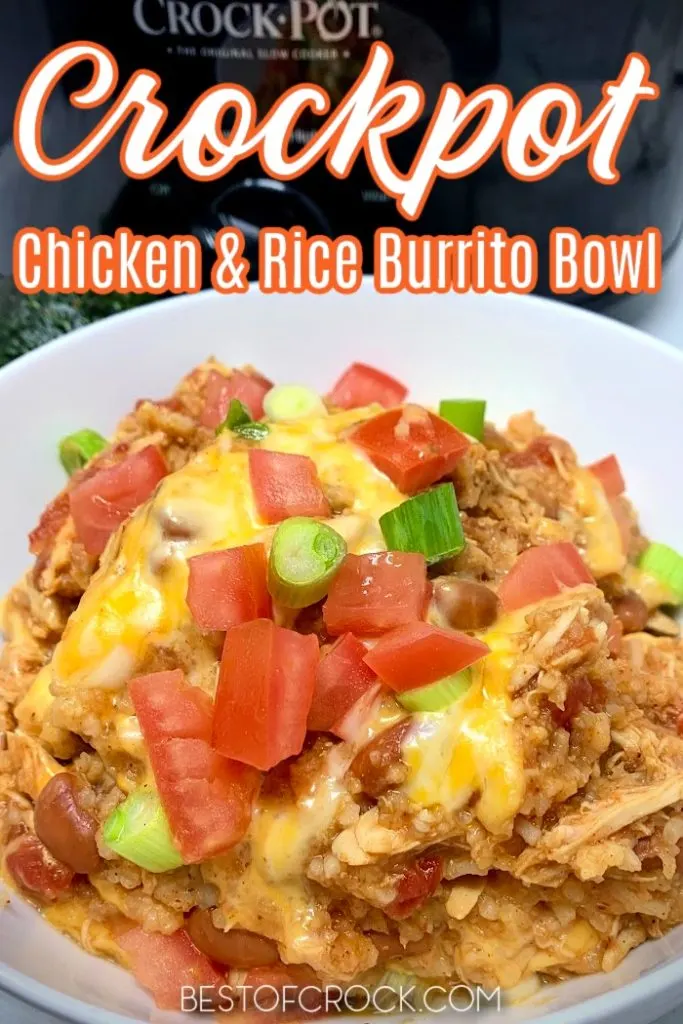 This easy crockpot chicken and rice burrito bowl recipe is a delicious dinner recipe that the entire family will enjoy. Crockpot Chicken Recipes | Crockpot Burritos | Slow Cooker Dinner Recipes | Delicious Dinner Recipes | Crockpot Meal Planning | Crockpot Recipes with Chicken | Slow Cooker Chicken Bowl | Burrito Bowls Slow Cooker | Chicken and Rice Crockpot | Slow Cooker Mexican Chicken #chicken #crockpotrecipes