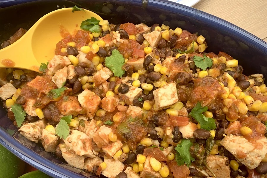 Crockpot Dump Dinners Close Up of a Crockpot Filled with Salsa Chicken