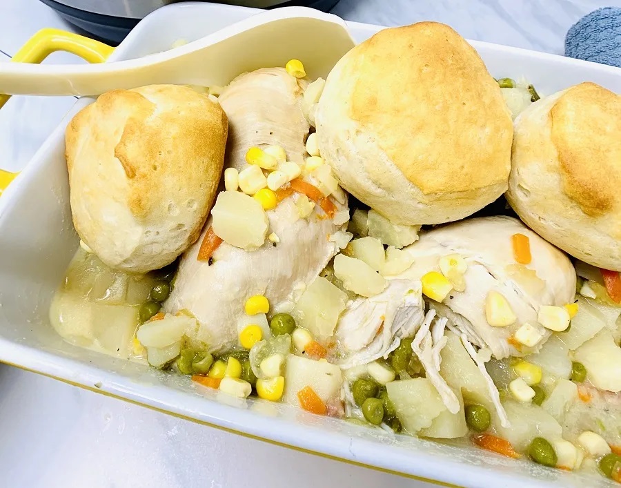 Instant Pot Beginner Recipes Close Up of a Chicken Pot Pie Casserole with a Biscuit