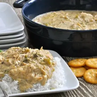 Crockpot Dump Dinners Close Up of a Crockpot Filled with Chicken and a Plate of Chicken and Rice