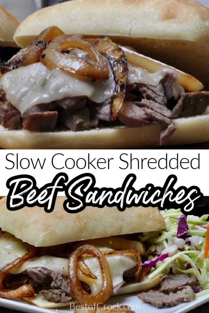 Slow cooker shredded beef sandwiches are easy to make for lunch or dinner and are a simple crockpot meal planning recipe the whole family can enjoy. Slow Cooker Beef Recipe | Crockpot Beef Recipes | Crockpot Lunch Recipes | Slow Cooker Dinner Recipes | Crockpot Sandwich Recipes #slowcooker #beef