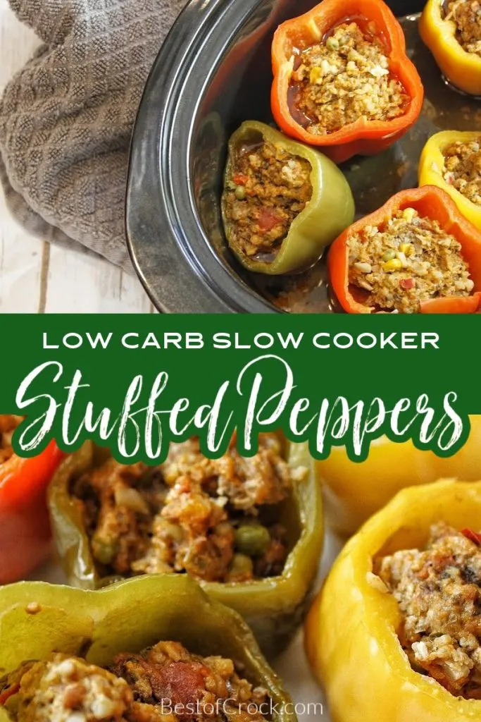 Low carb slow cooker stuffed peppers make the perfect crockpot recipe for your healthy diet that you can toss together with little effort. Stuffed Peppers with Cauliflower Rice | Low Carb Stuffed peppers Crockpot | Healthy Stuffed Peppers | Low Carb Crockpot Recipes | Crockpot Recipes with Beef | Low Carb Beef Recipes | Keto Crockpot Recipes | Keto Ground Beef Recipes #lowcarb #slowcooker