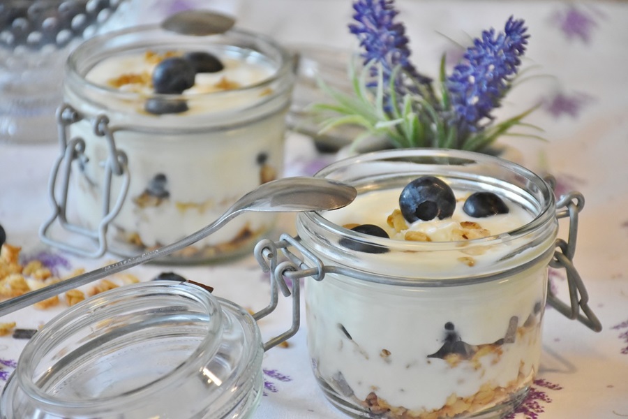 How to Make Instant Pot Yogurt Two Small Jars of Yogurt Topped with Blueberries