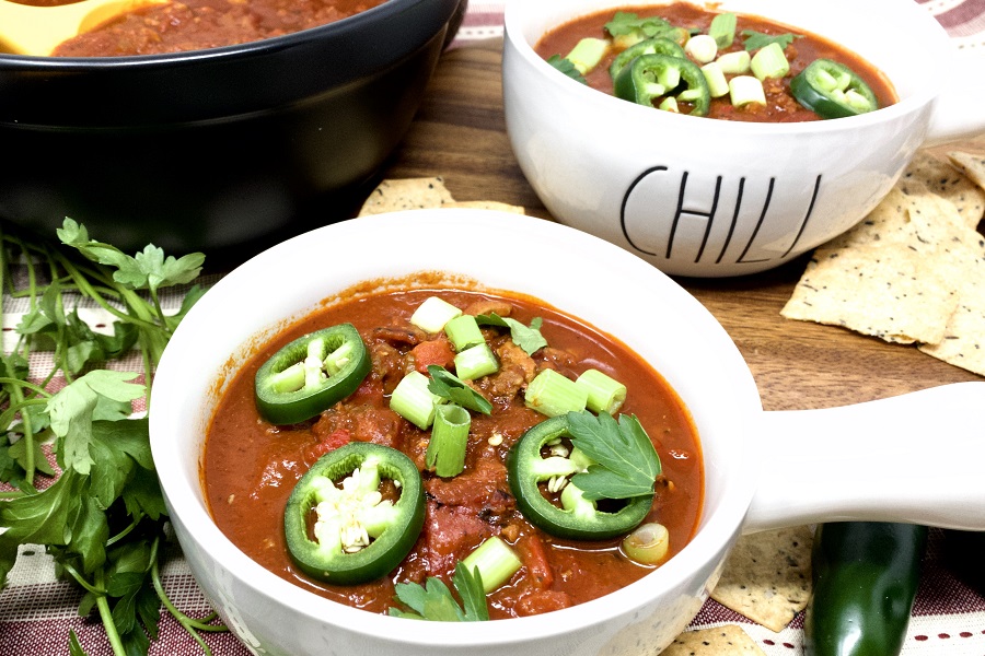How to Make Instant Pot Chili Two Bowls of Chili with Chives and Jalapenos