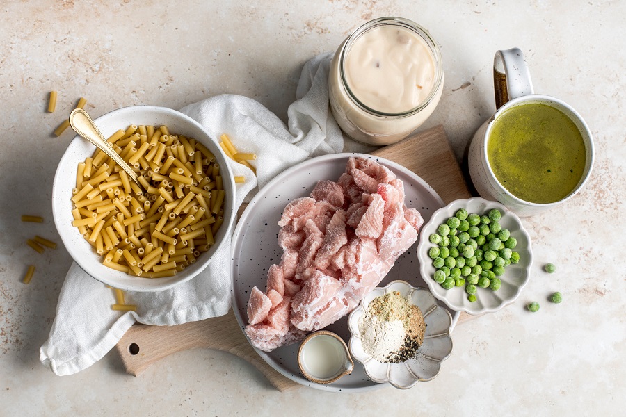 Crockpot Leftover Turkey Casserole Recipe Ingredients Laid Out on a Counter 