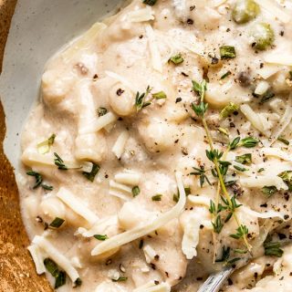 Crockpot Leftover Turkey Casserole Recipe Overhead View of a Bowl of Turkey Casserole