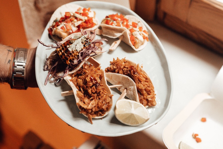 Instant Pot Chicken Tacos a Platter of Tacos with Chicken, Beef, and More