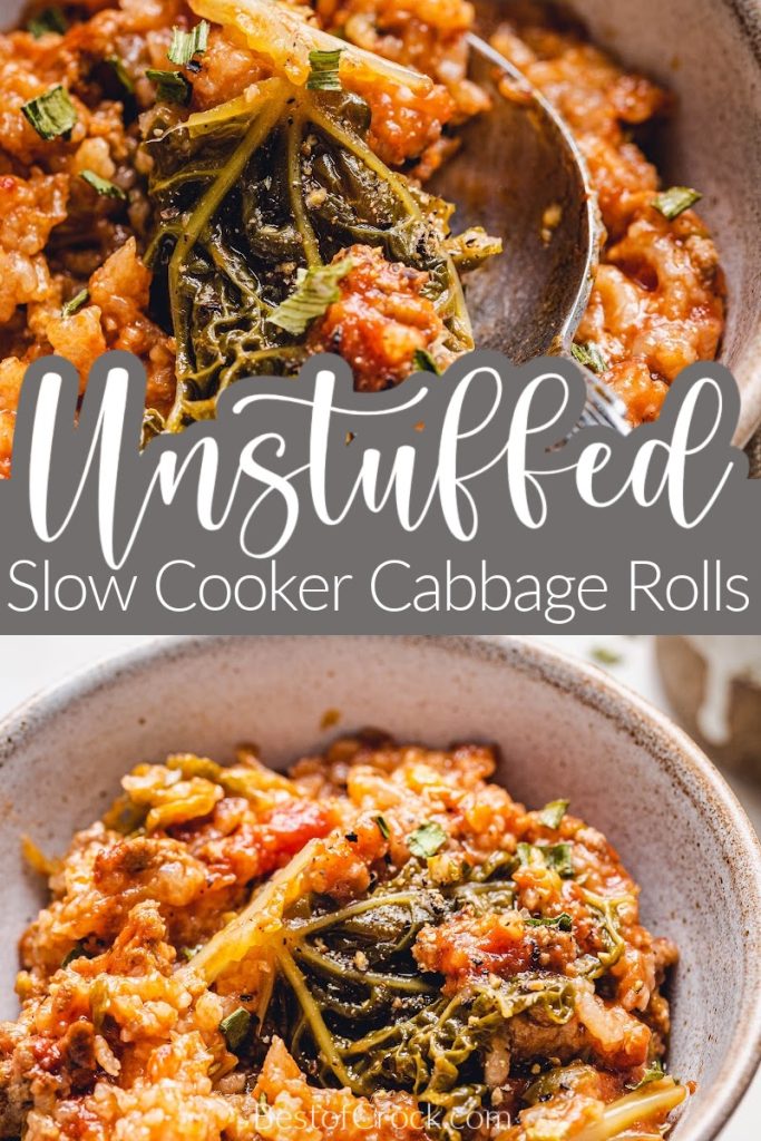 Crockpots make enjoying unstuffed cabbage rolls so much easier. This is an easy crockpot recipe that provides a healthy dinner for the whole family. Healthy Crockpot Recipes | Family Dinner Recipes | Crockpot Cabbage Recipes | Healthy Cabbage Recipes | Crockpot Lunch Recipes | Party Recipes | Crockpot Recipes for a Crowd | Recipes with Cabbage | Vegetable Recipes #crockpotrecipes #healthyrecipes