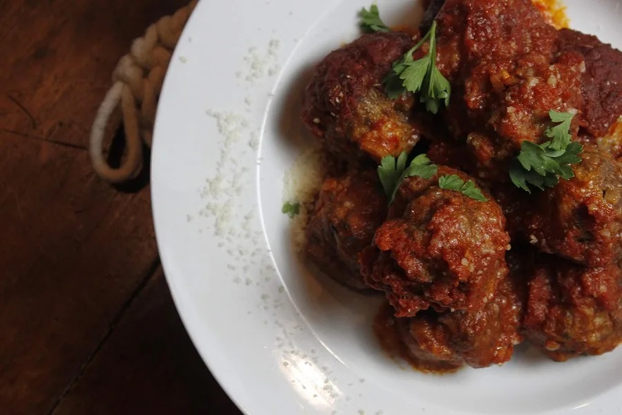 Crockpot Holiday Appetizers Overhead View of a Plate of Meatballs