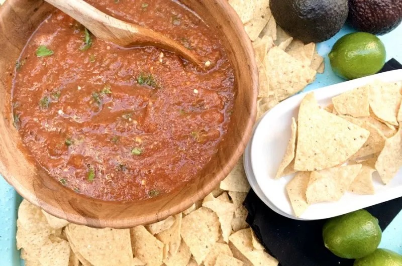 Crockpot Holiday Appetizers Overhead View of a Bowl of Salsa and Chips