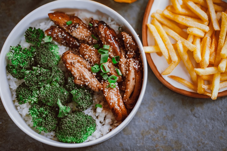  Instant Pot Chicken and Rice Recipes Overhead View of a Bowl of Teriyaki Chicken and Rice