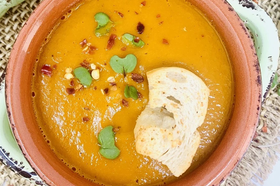 Instant Pot Soups for Winter Overhead View of a Bowl of Red Pepper Soup