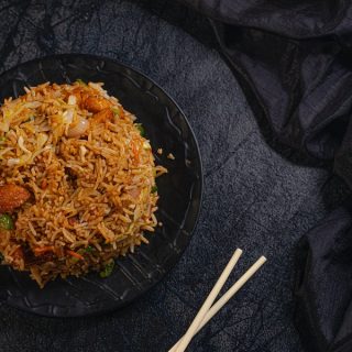 Instant Pot Chicken and Rice Recipes Overhead View of a Plate of Chicken Fried Rice