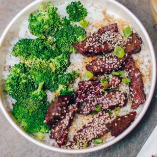 Instant Pot Chuck Roast Recipes Overhead View of a Plate of Rice Topped with Korean beef