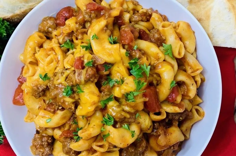 Valentines Day Dinner Instant Pot Recipes Overhead View of a Plate of Goulash