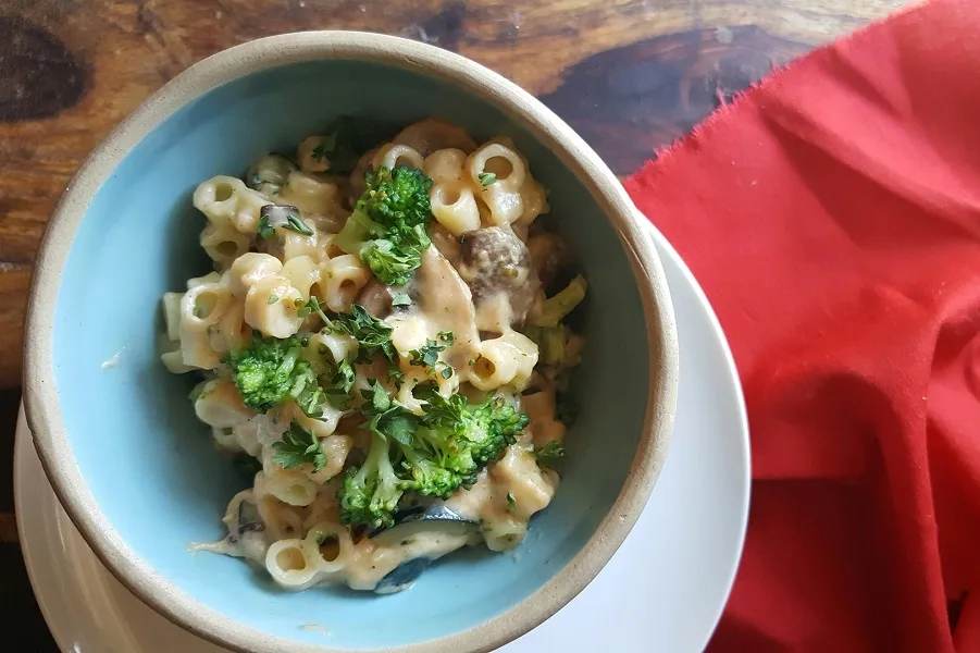 Instant Pot Mac and Cheese Recipes Overhead View of a Bowl of Mac and Cheese with Broccoli and Ground Beef
