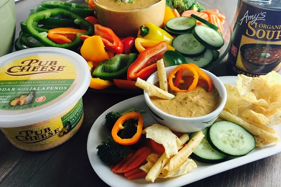 Super Bowl Appetizers Close Up of a Platter of Cheese Dip and Veggies