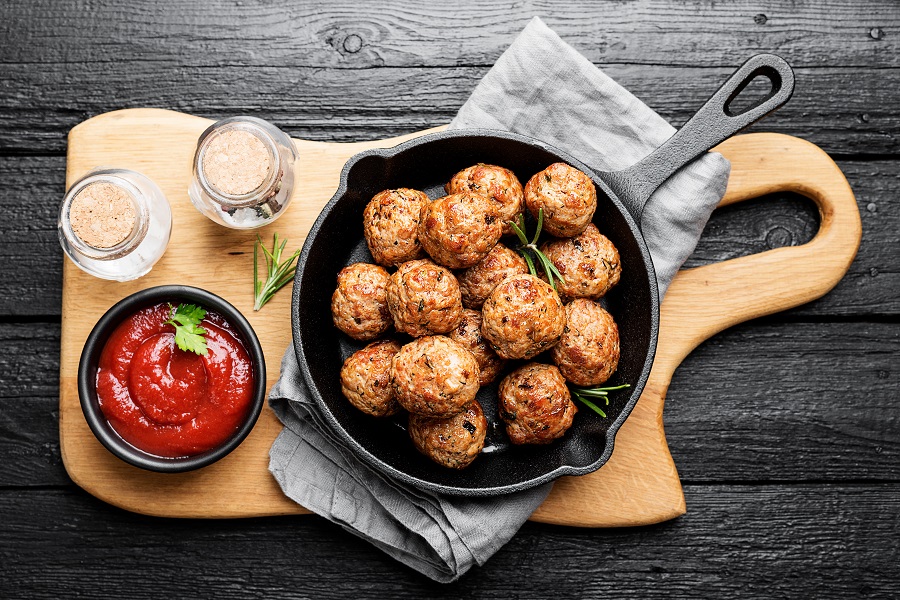 Crockpot Dinner Recipes with Ground Chicken Overhead View of a Skillet with Chicken Meatballs