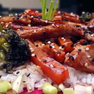 Instant Pot Chicken Thighs Recipes Close Up of Teriyaki Chicken on Rice