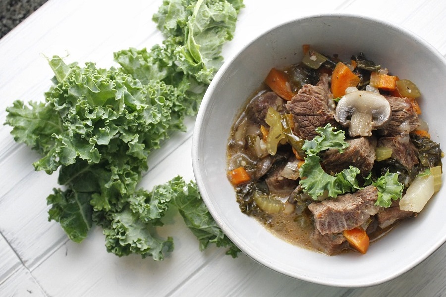 Instant Pot Whole30 Recipes with Beef Overhead of a Beef Dinner in a White Bowl