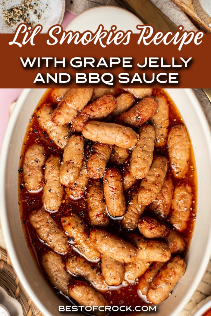A lil smokies recipe with grape jelly and BBQ sauce is the perfect party recipe for any occasion, even for large crowds. Crockpot Party Recipes | Crockpot Appetizers | Crockpot Cocktail Weenies | Slow Cooker Little Smokies Recipes | Cocktail Weenie Recipes | Crockpot BBQ Recipes | Crockpot Recipes for Holiday Parties | Game Day Recipes | Game Day Slow Cooker Recipes | Party Appetizer Recipes | Crockpot Finger Foods | Slow Cooker Little Smokies with Bacon