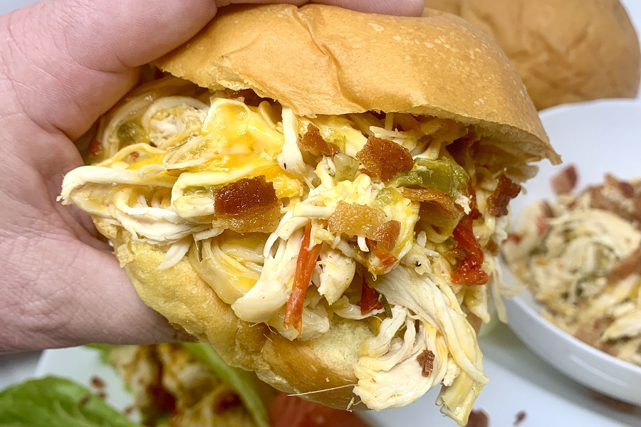 Crockpot Chicken Breast Recipes for Dinner Close Up of a Shredded Chicken Sandwich 