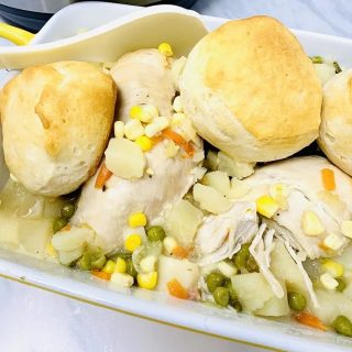 High Protein Grocery List Close Up of a Platter with Chicken Pot Pie Casserole