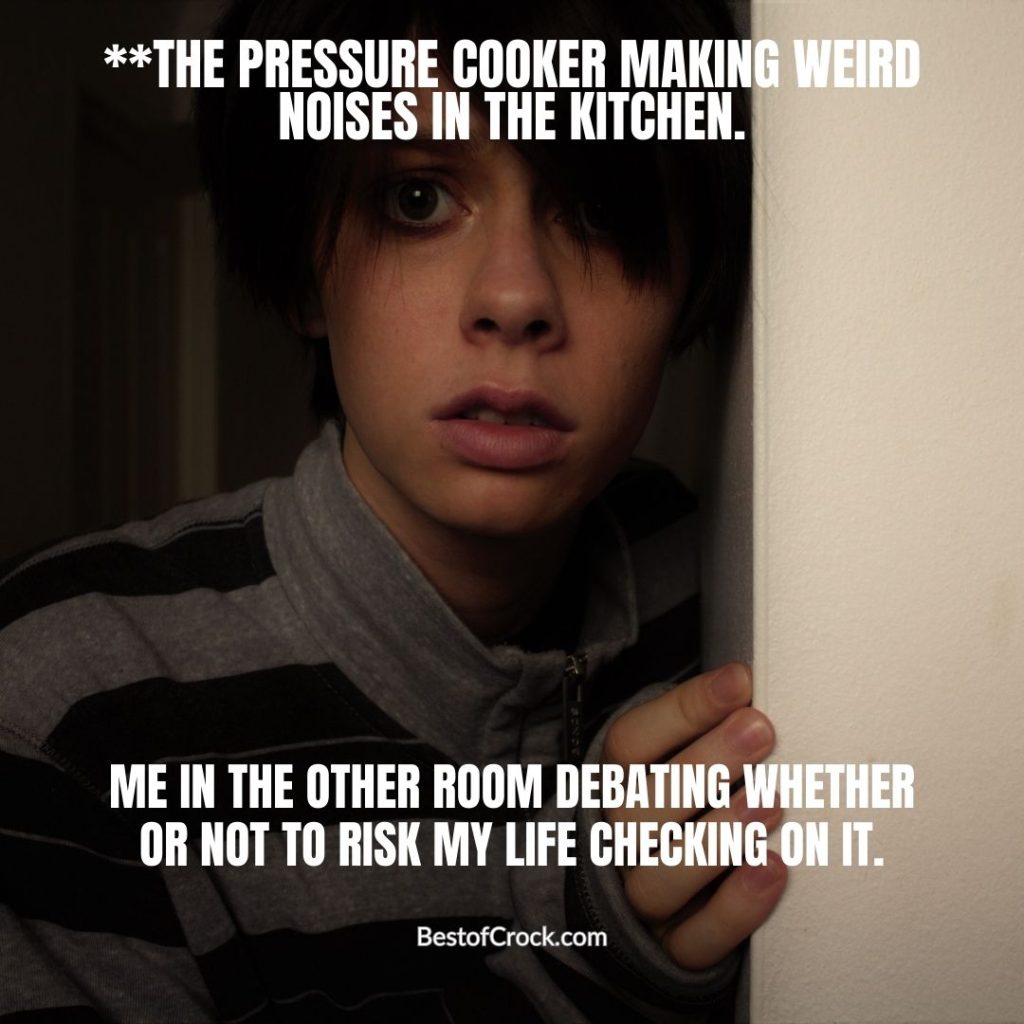 Time Saving Instant Pot Jokes **The pressure cooker making weird noises in the kitchen. Me in the other room debating whether or not to risk my life checking on it. 