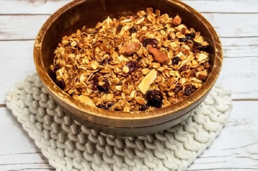 Dorm Room Crockpot Recipes Close Up of a Wooden Bowl Filled with Granola