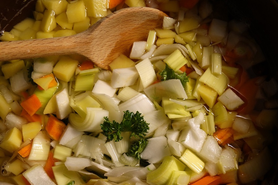 Crockpot Stews with Chicken Close Up of Veggies Cooking in a Stew