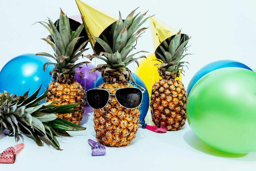 Instant Pot Summer Side Dish Recipes Three Pineapples with One Wearing Sunglasses and Blue and Green Balloons