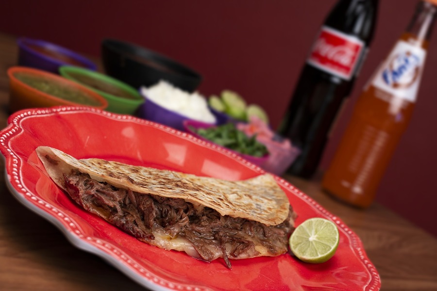 Mexican Barbacoa Recipe Ideas A single Taco on a Red Plate with a Bottled Coke in the Background