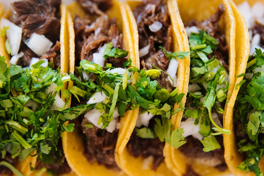 Mexican Barbacoa Recipe Ideas Close Up of a Row of Tacos with Shredded Meat, Cilantro and Onions