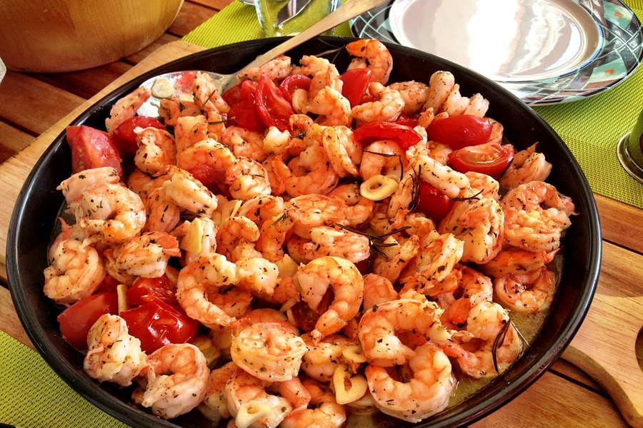 Red Lobster Baja Shrimp Bowl Recipe Ideas Overhead of a Large Bowl Platter Filled with Cooked Shrimp