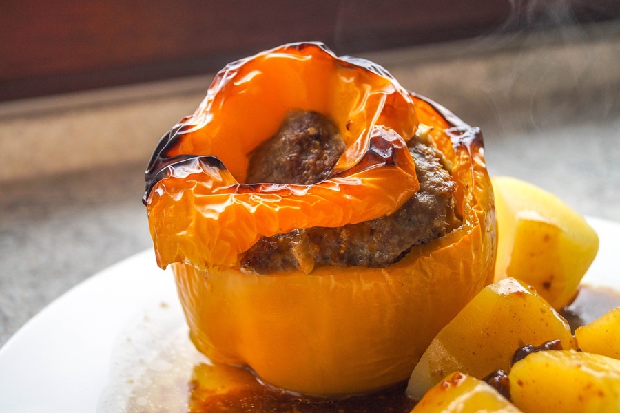 Best Stuffed Bell Peppers with Ground Beef Recipes Close Up of an Orange Stuffed Pepper