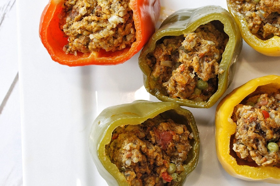 How to Make Stuffed Bell Peppers Overhead View of a Platter of Stuffed Bell Peppers