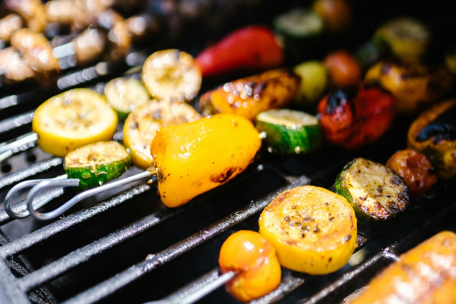 Summer Dinner Recipes for the Grill Close Up of Veggie Kebabs on a Grill