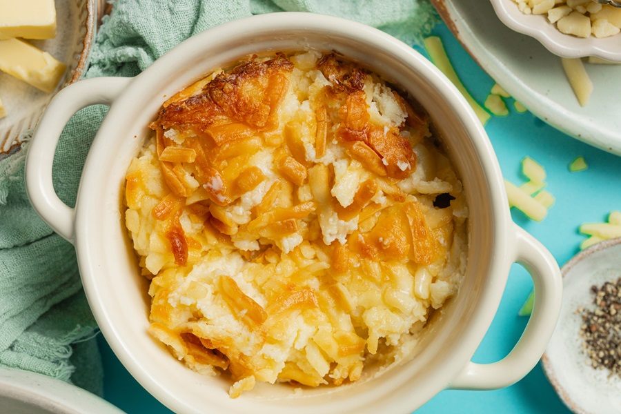 Easy Twice-Baked Mashed Potatoes Recipe Overhead View of a Small Bowl of Mashed Potatoes