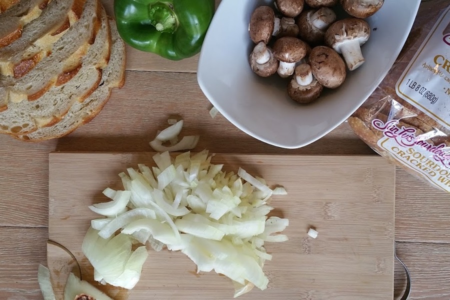 Pizza Sandwich Recipe Cheese and Mushrooms on a Wooden Surface